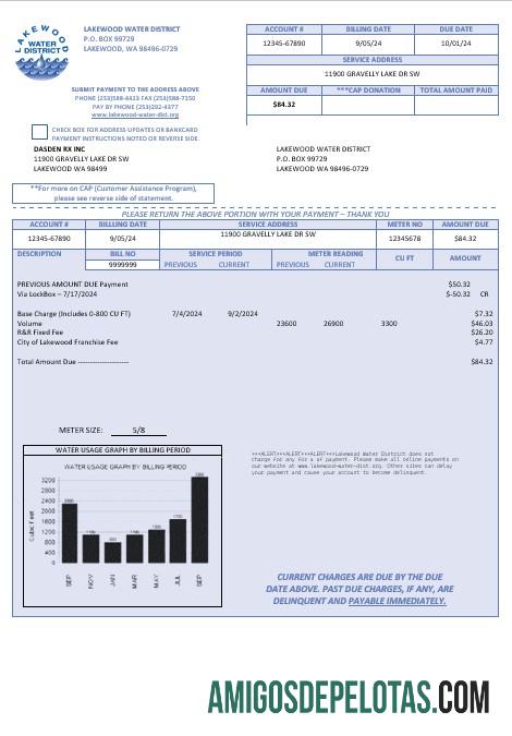 Para baixar modelo de conta de serviços públicos do distrito de água de Lakewood dos EUA em formatos Word e PDF